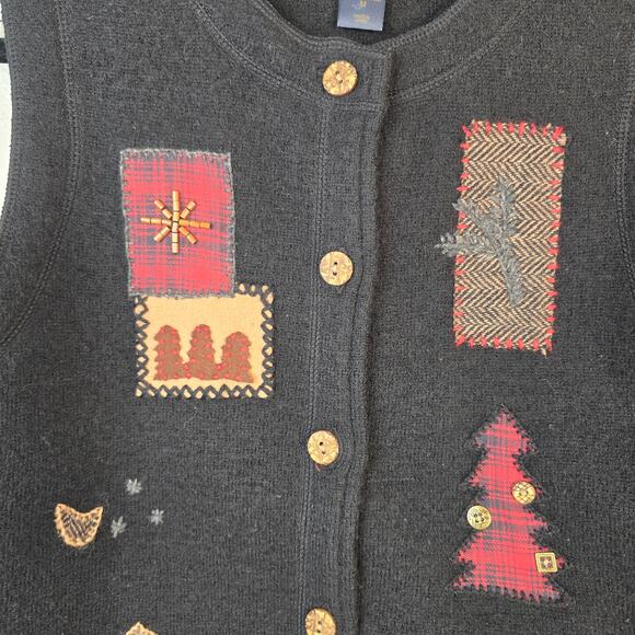 Vintage Woolrich Vest Women's M Black Boiled Wool Applique Moose Cabin Rustic - Picture 4 of 11